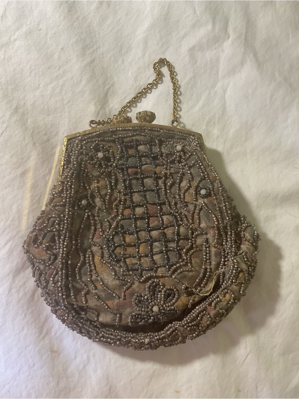 Vintage Beaded Evening Bag in Gold and Taupe